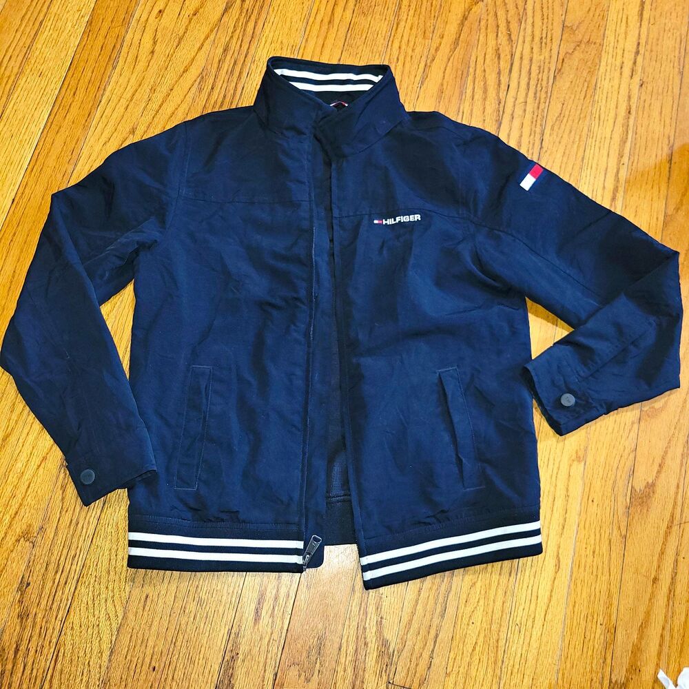 Tommy Hilfiger classic Navy Full Zip Bomber Jacket L boys 12/14 hood Collar